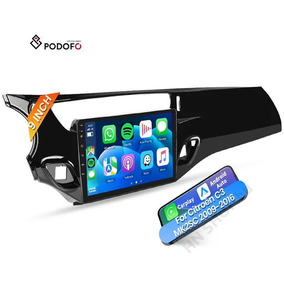 Citroën C3 (2009–2016) Podofo 9″ Android 2DIN Autórádió – CarPlay, Android Auto, GPS, Wi-Fi, FM RDS