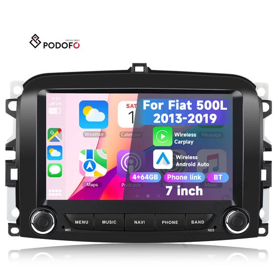 Fiat 500L Android autórádió – Podofo 7″ 4+64 GB, 2‑Din, Wireless CarPlay/Android Auto