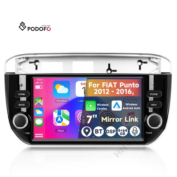 7" Android Autórádió FIAT Punto 2012–2016 – 4/64GB – IPS, DSP, Wireless CarPlay & Android Auto – Podofo