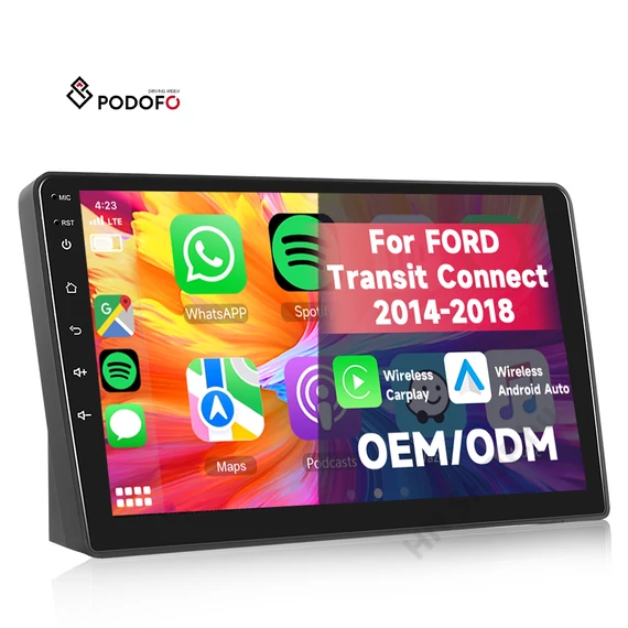 Ford Transit Connect (2014–2018) Podofo 9″ Android 2DIN Autórádió – CarPlay, Android Auto, GPS, Wi-Fi, FM RDS, 