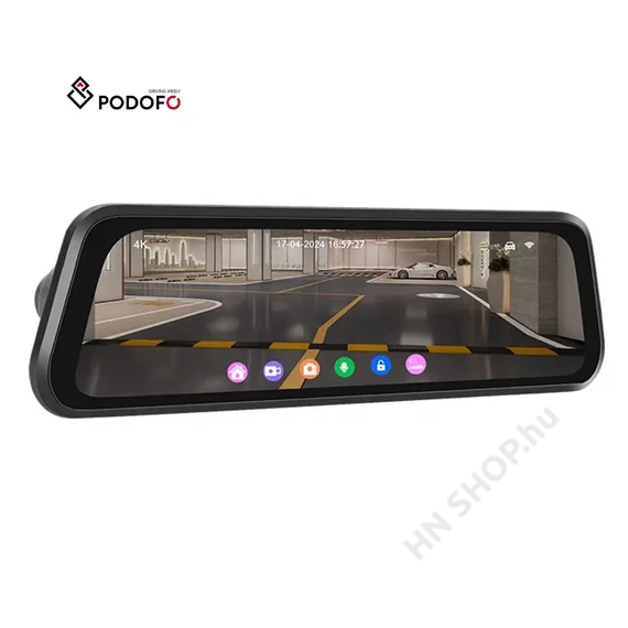 Podofo 9,66" IPS visszapillantó DVR – 4K elől és hátul, dual-lens autós dash cam