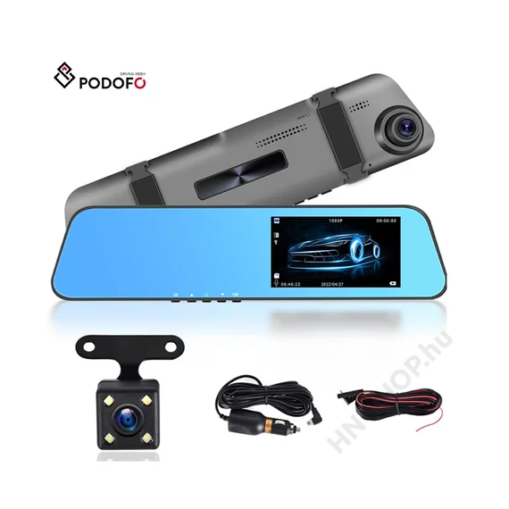 Podofo 4,5" Dual-Lens Full HD Dash Cam – Visszapillantó DVR, éjszakai látással