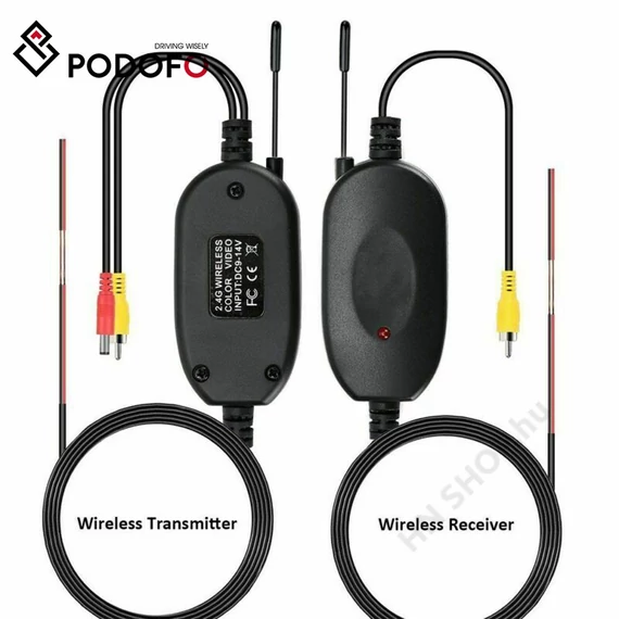 Podofo 2.4G Vezeték nélküli RCA Videójel Átvivő és Vevő Modul – Univerzális Autós Tolatókamerákhoz, 12V