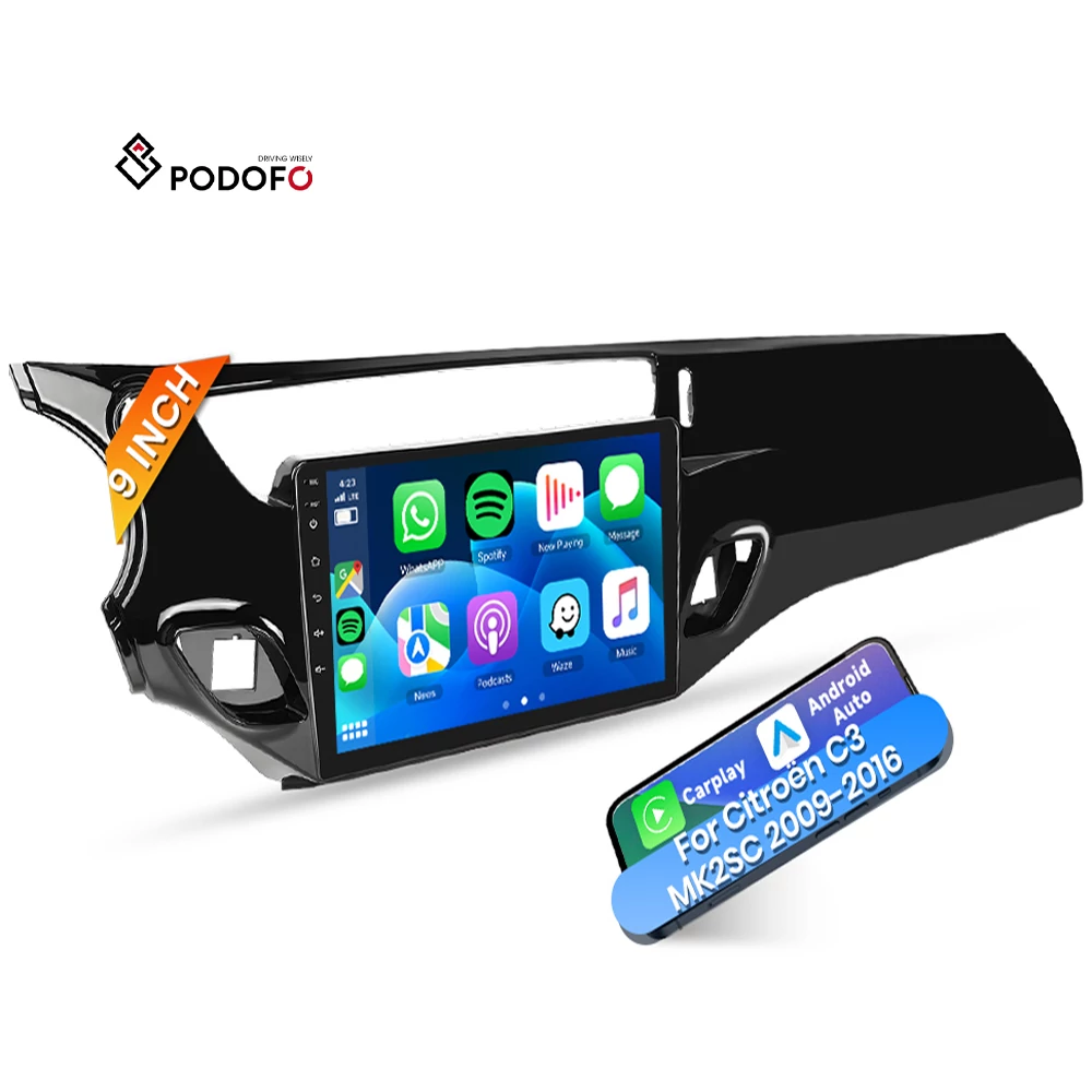 Citroën C3 (2009–2016) Podofo 9″ Android 2DIN Autórádió – CarPlay, Android Auto, GPS, Wi-Fi, FM RDS