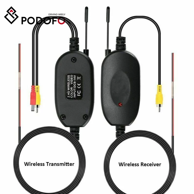 Podofo 2.4G Vezeték nélküli RCA Videójel Átvivő és Vevő Modul – Univerzális Autós Tolatókamerákhoz, 12V